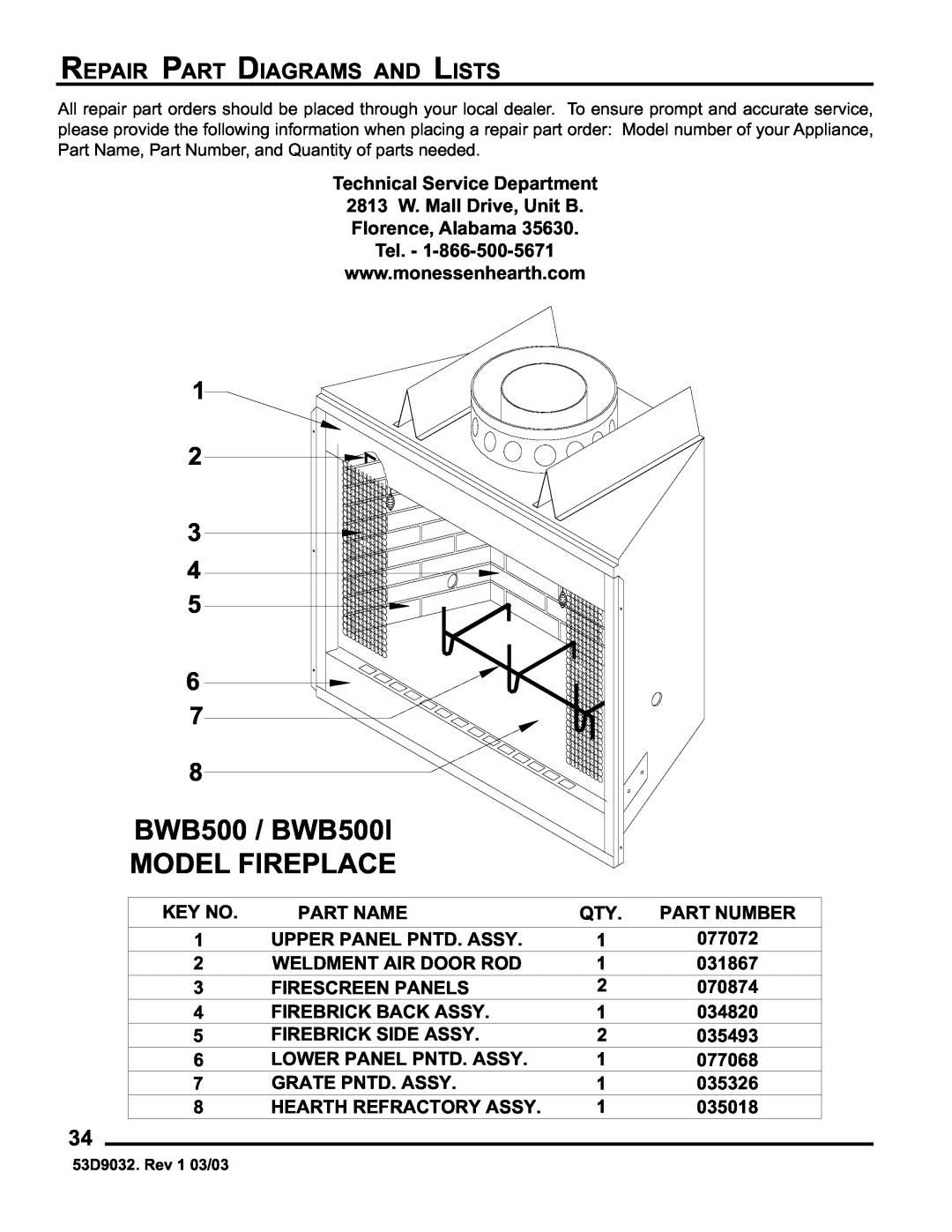 Monessen Hearth BWBC400I, BWB400I manual BWB500 / BWB500I MODEL FIREPLACE, Repair Part Diagrams And Lists 