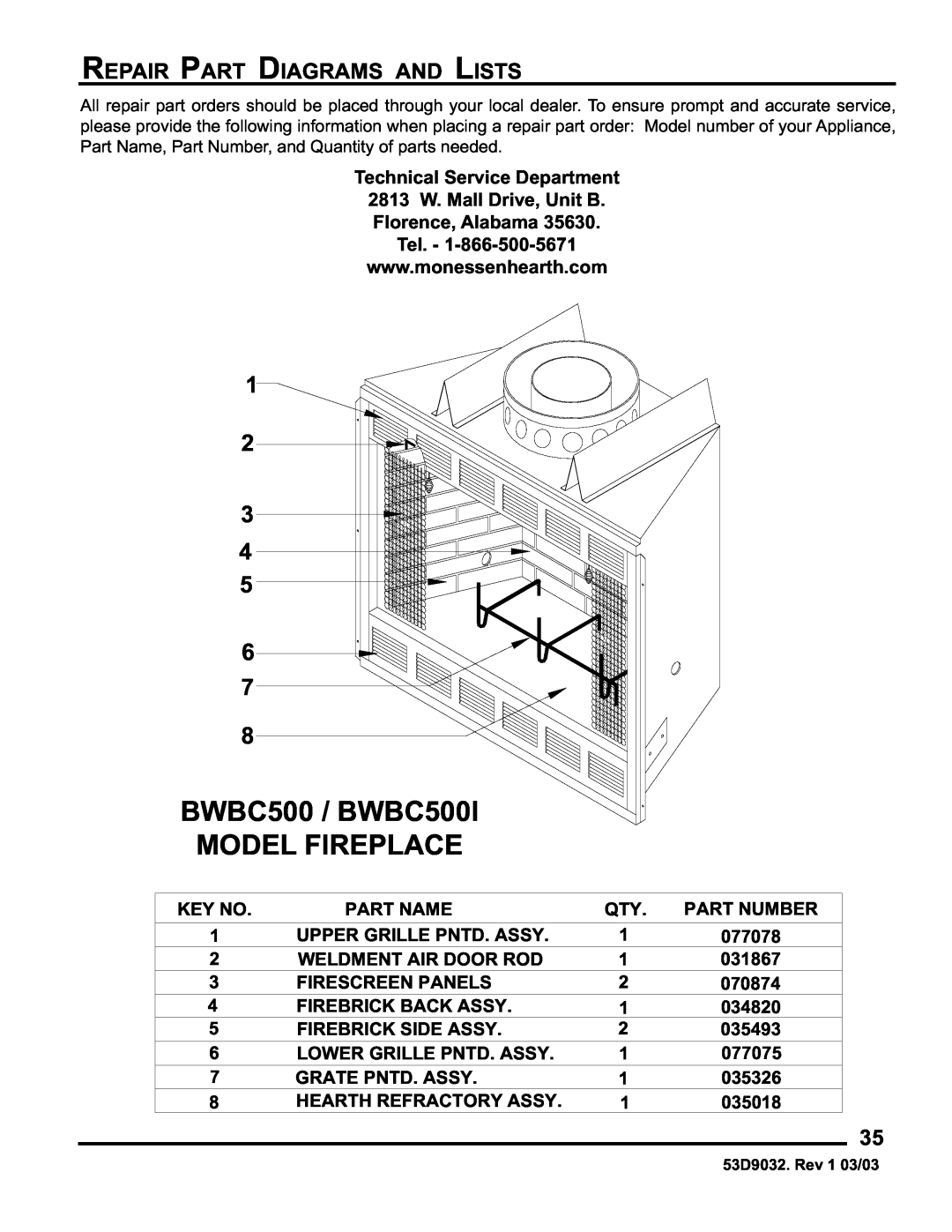 Monessen Hearth BWB400I, BWBC400I manual BWBC500 / BWBC500I MODEL FIREPLACE, Repair Part Diagrams And Lists 