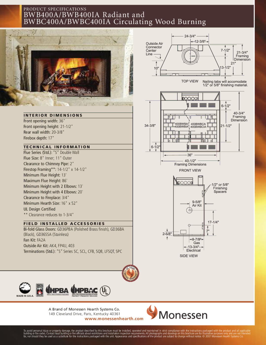 Monessen Hearth BWB400A, BWB400IA, BWBC400IA, BWBC400A specifications Hpba 