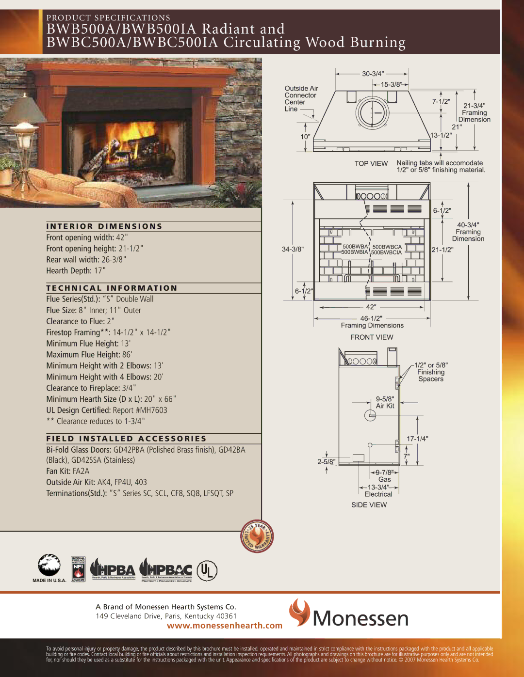 Monessen Hearth BWBC400IA, BWB400IA, BWB400A, BWBC400A specifications TerminationsStd. S Series SC, SCL, CF8, SQ8, LFSQT, SP 