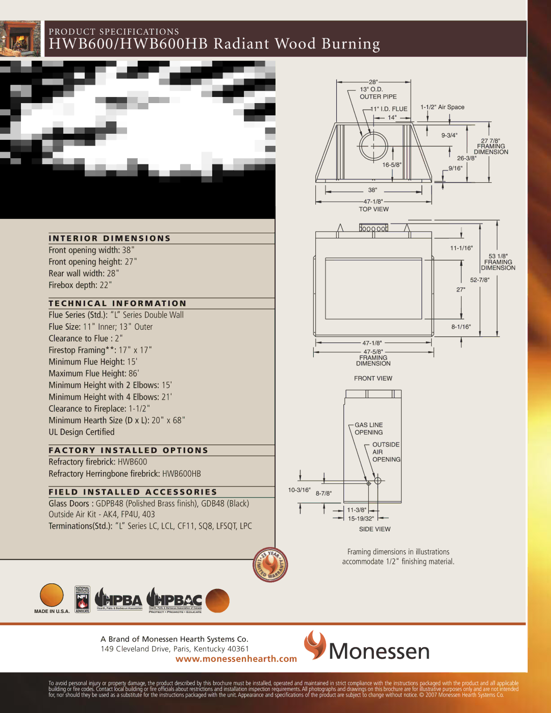 Monessen Hearth BWBC400A, BWB400IA, BWB400A, BWBC400IA specifications HWB600/HWB600HB Radiant Wood Burning 