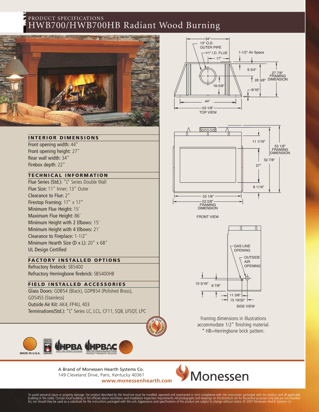 Monessen Hearth BWB400IA, BWB400A, BWBC400IA, BWBC400A specifications HWB700/HWB700HB Radiant Wood Burning 