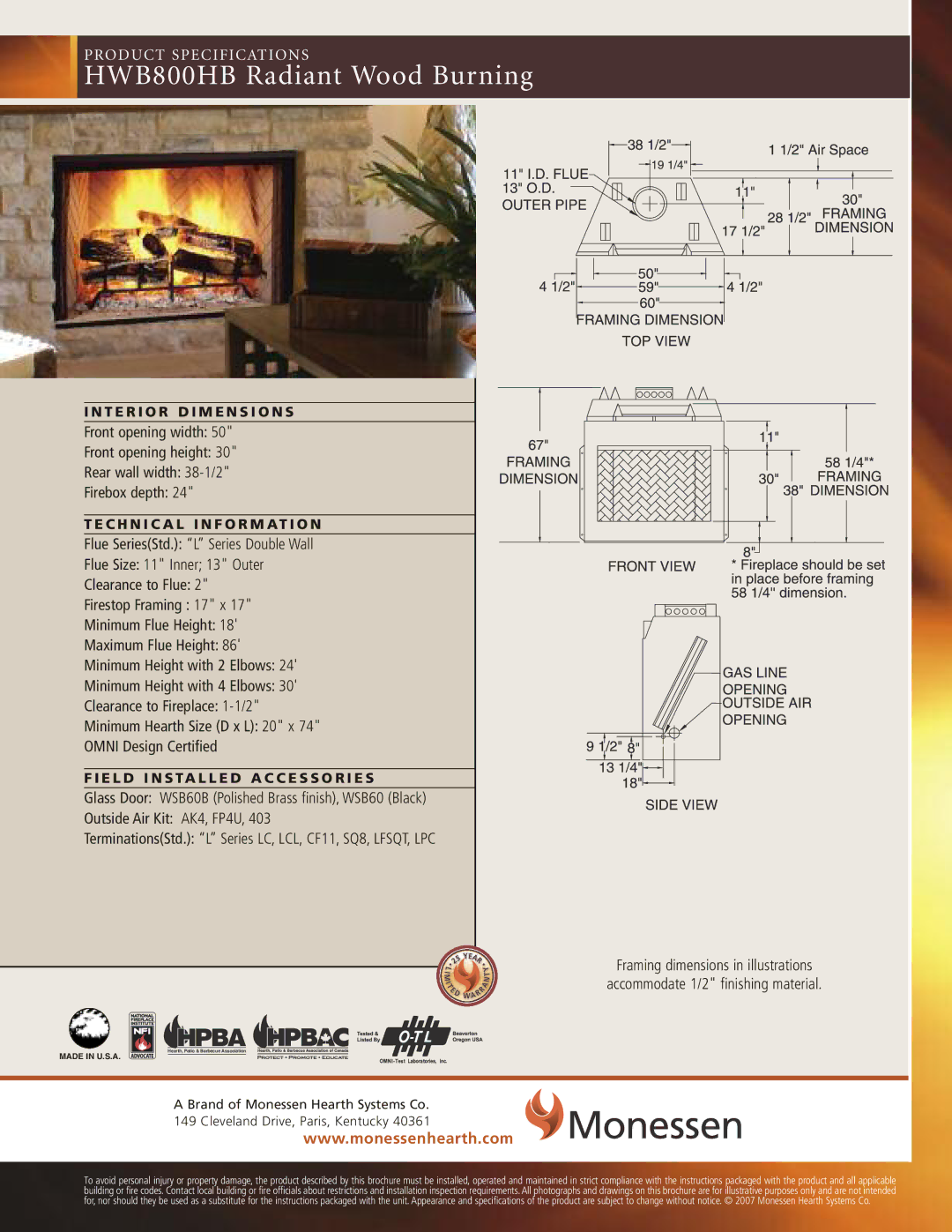 Monessen Hearth BWB400A, BWB400IA, BWBC400IA, BWBC400A specifications HWB800HB Radiant Wood Burning 