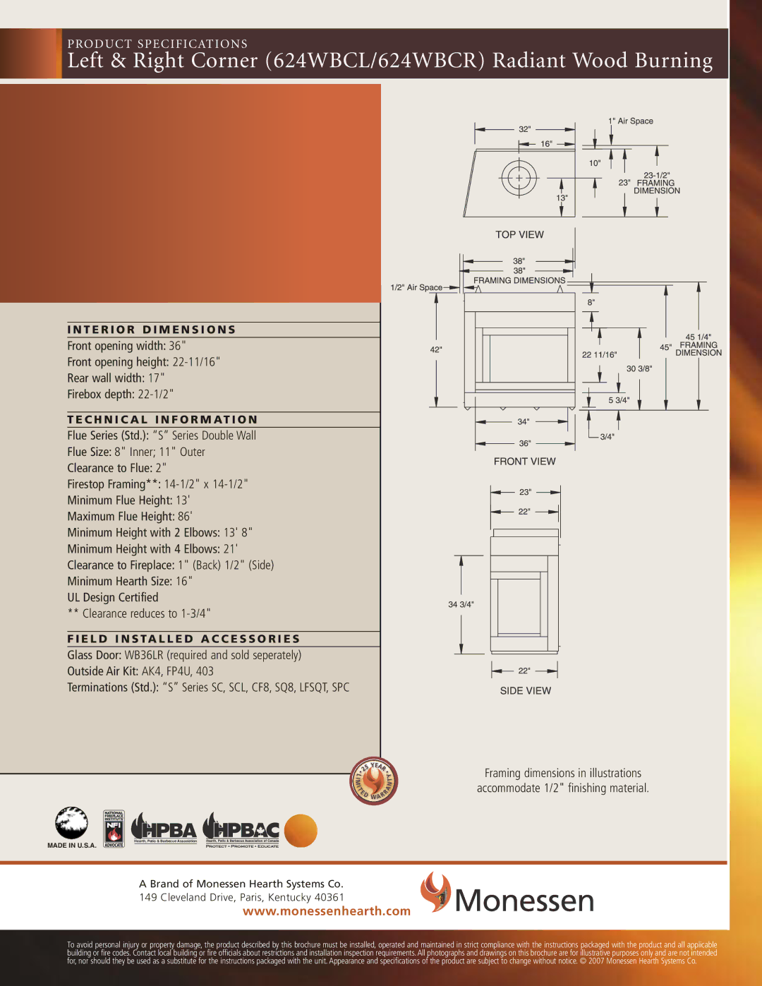 Monessen Hearth BWBC400A, BWB400IA, BWB400A, BWBC400IA specifications Left & Right Corner 624WBCL/624WBCR Radiant Wood Burning 