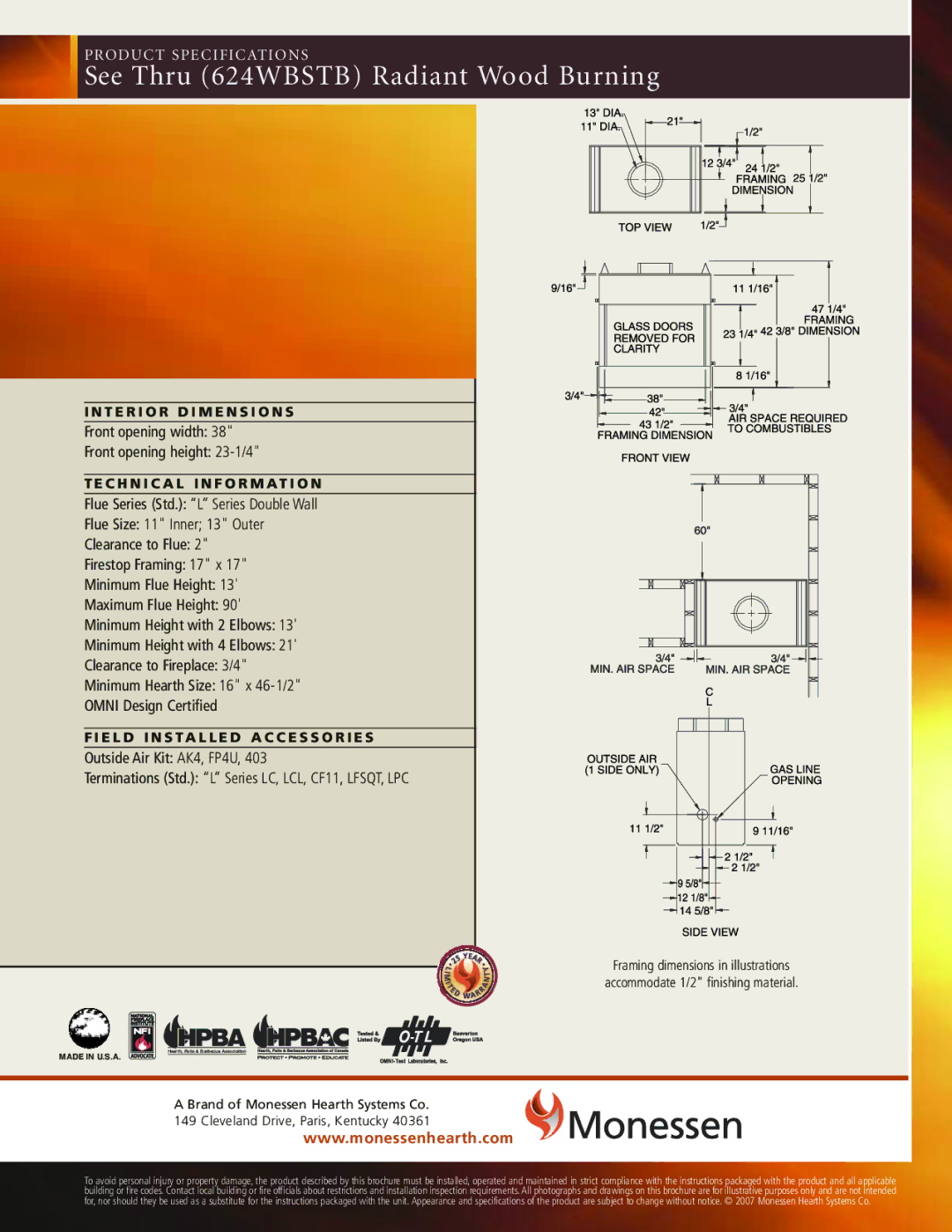 Monessen Hearth BWB400IA, BWB400A, BWBC400IA, BWBC400A specifications See Thru 624WBSTB Radiant Wood Burning 