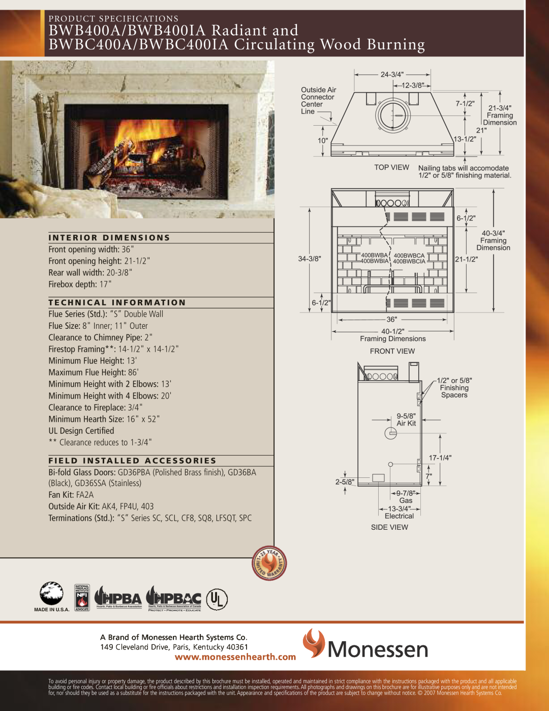 Monessen Hearth BWB400A, BWB400IA, BWBC400IA specifications Hpba, Product Specifications, Flue Size 8 Inner 11 Outer 