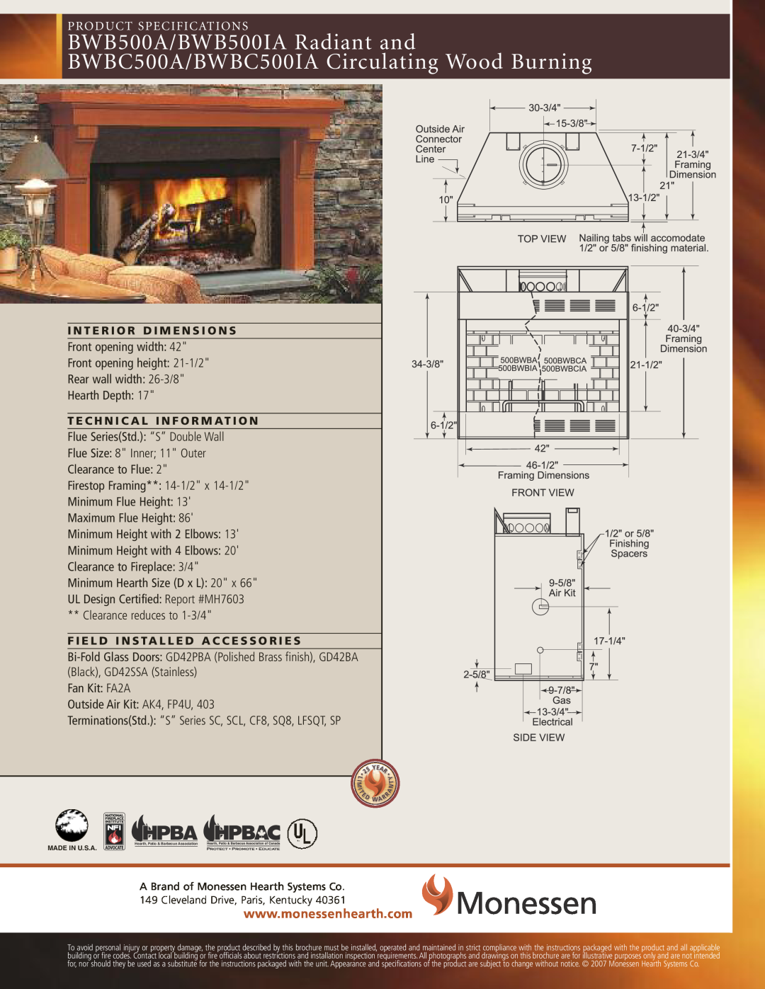 Monessen Hearth BWBC400IA, BWB400IA Hpba, Product Specifications, Flue Size 8 Inner 11 Outer, Clearance reduces to 1-3/4 