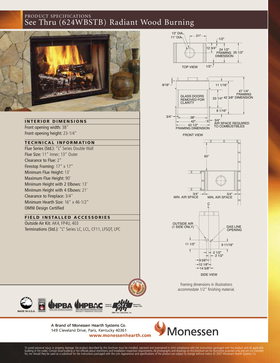 Monessen Hearth BWB400IA See Thru 624WBSTB Radiant Wood Burning, Hpba, Product Specifications, Flue Size 11 Inner 13 Outer 