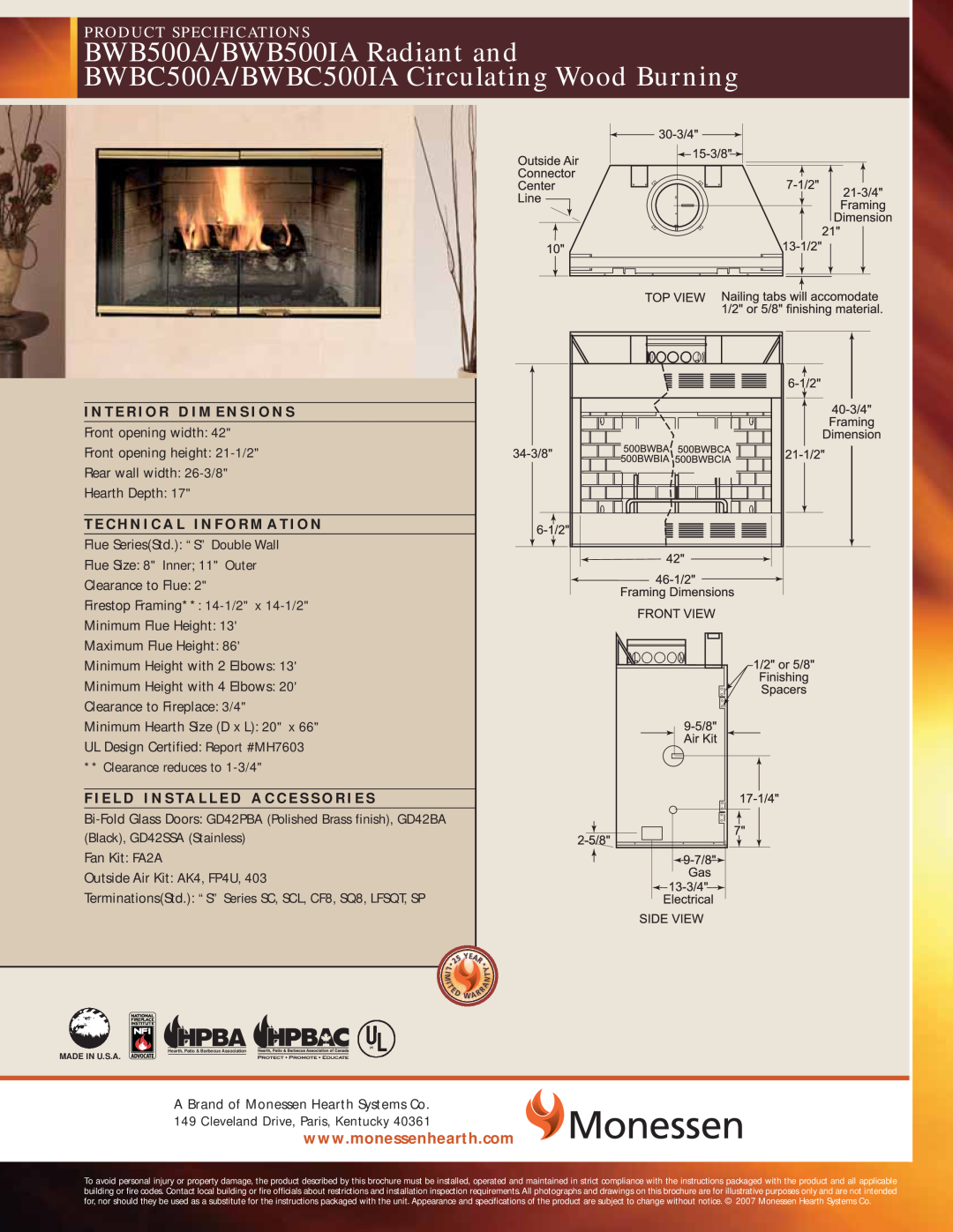 Monessen Hearth BWB500IA, BWB500A, BWBC500IA, BWBC500A specifications Product Specifications 
