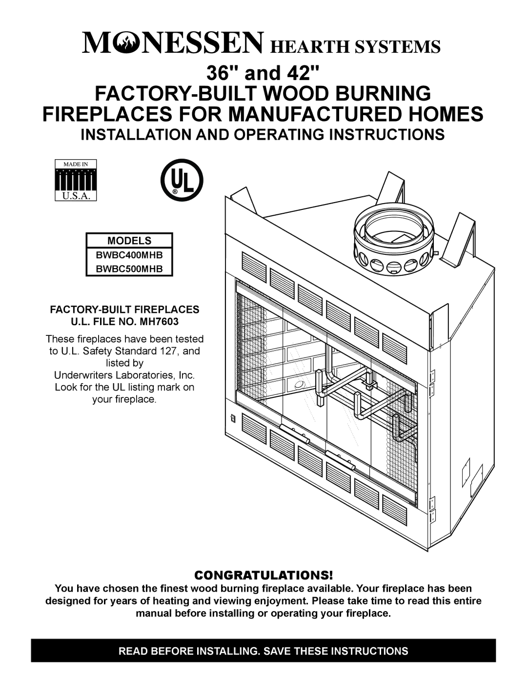 Monessen Hearth BWBC500MHB, BWBC400MHB manual Congratulations, Models, FACTORY-BUILT Fireplaces, File NO. MH7603 