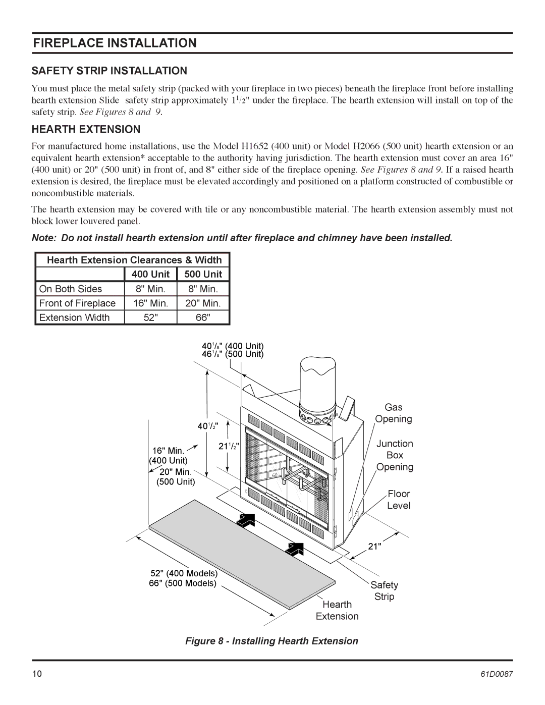 Monessen Hearth BWBC400MHB, BWBC500MHB manual Safety Strip Installation, Hearth Extension Clearances & Width Unit 