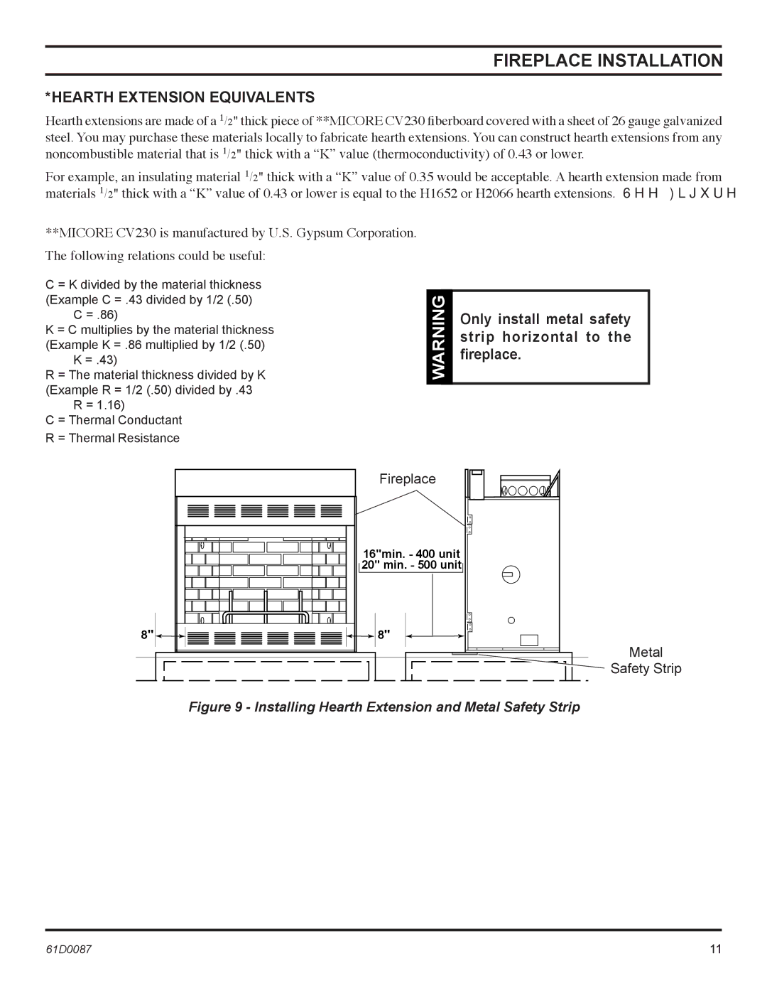 Monessen Hearth BWBC500MHB manual Hearth Extension Equivalents, Only install metal safety strip horizontal to the ﬁreplace 