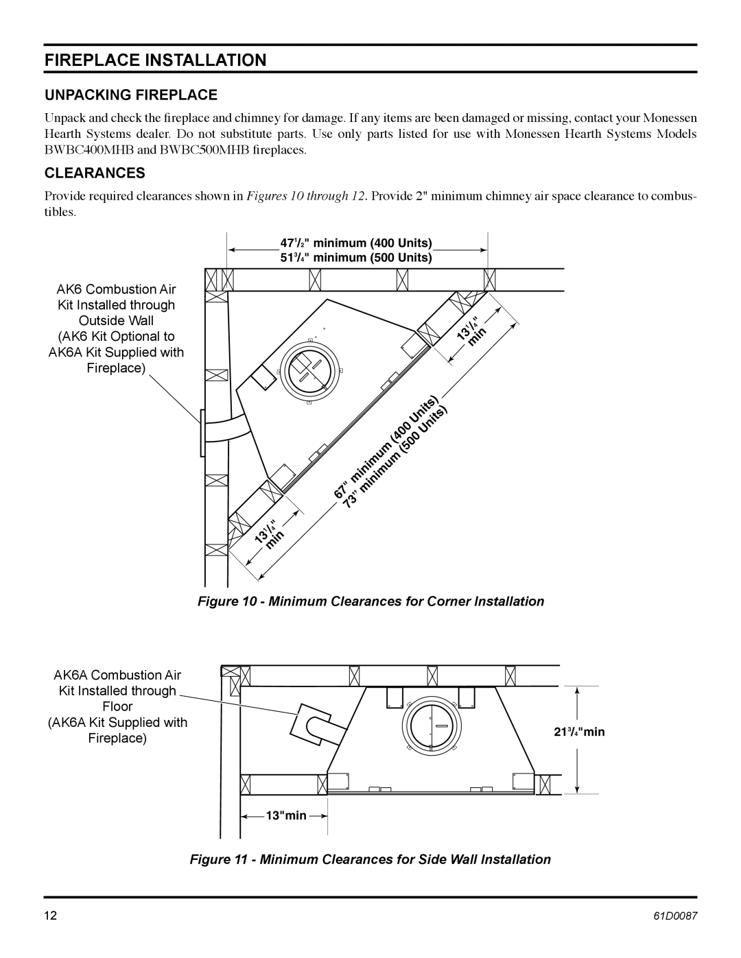 Monessen Hearth BWBC400MHB, BWBC500MHB manual Unpacking Fireplace, Clearances 