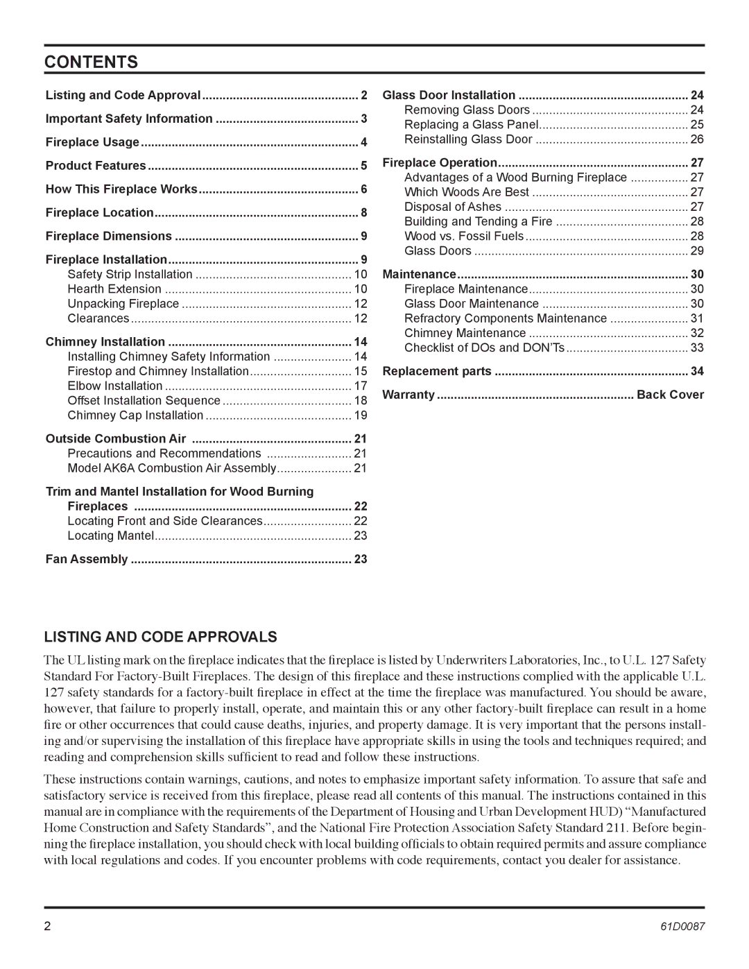 Monessen Hearth BWBC400MHB, BWBC500MHB manual Contents 