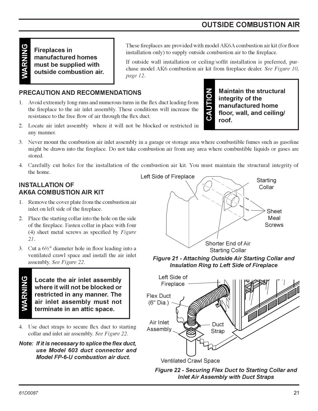 Monessen Hearth BWBC500MHB Outside Combustion AIR, Precaution and Recommendations, Installation AK6A Combustion AIR KIT 