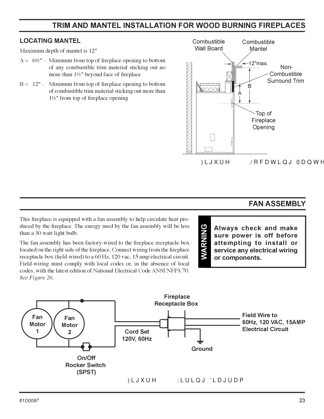 Monessen Hearth BWBC500MHB FAN Assembly, Locating Mantel, Fireplace Receptacle Box, On/Off Rocker Switch, Field Wire to 