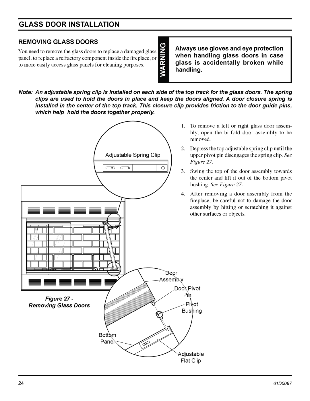 Monessen Hearth BWBC400MHB, BWBC500MHB manual Glass Door Installation, Removing Glass Doors 