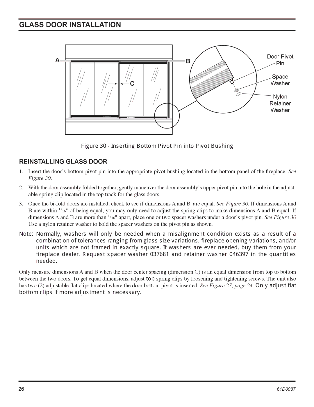 Monessen Hearth BWBC400MHB, BWBC500MHB manual Reinstalling Glass Door, Inserting Bottom Pivot Pin into Pivot Bushing 