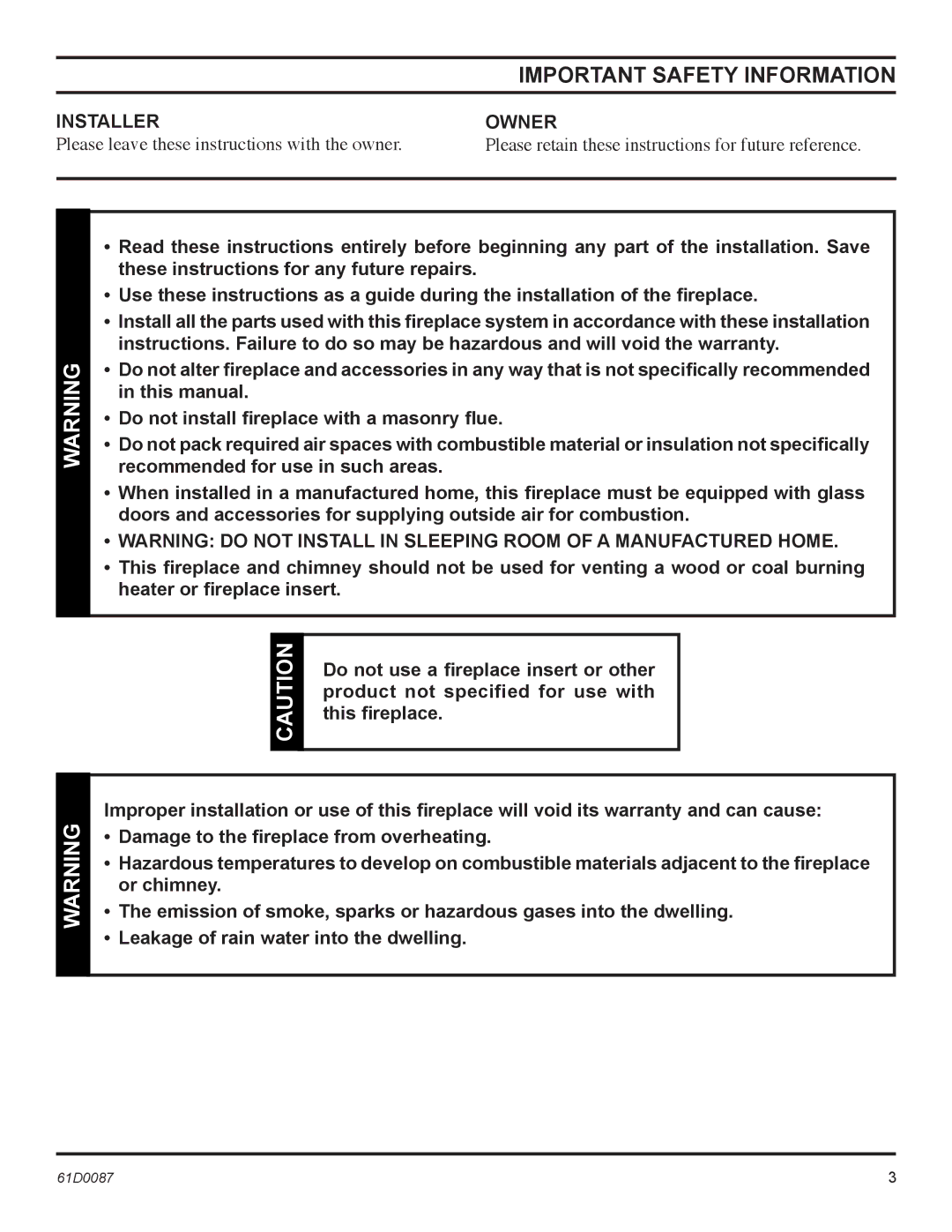 Monessen Hearth BWBC500MHB, BWBC400MHB manual Important Safety Information, Installer, Owner 