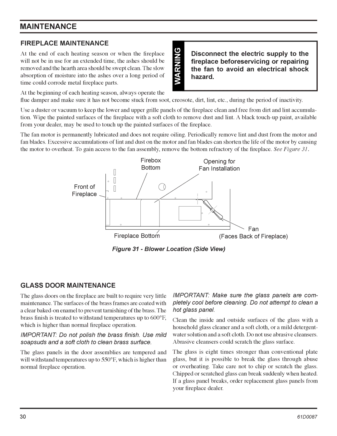 Monessen Hearth BWBC400MHB, BWBC500MHB manual Fireplace Maintenance, Glass Door Maintenance 