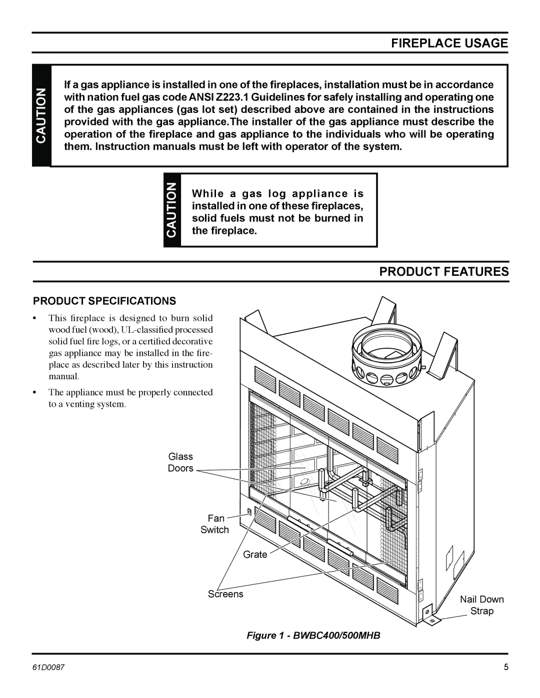 Monessen Hearth BWBC500MHB, BWBC400MHB manual Product Features, Product Specifications 