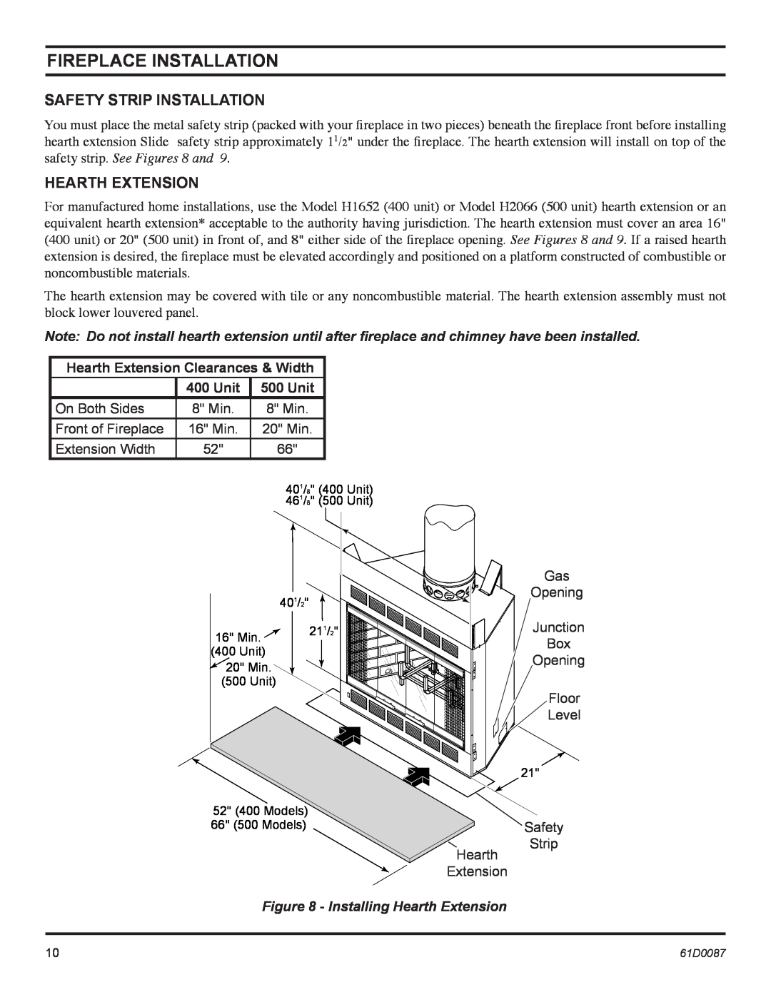 Monessen Hearth BWBC400MHB, BWBC500MHB manual Fireplace Installation, Safety Strip Installation, Hearth Extension, Unit 