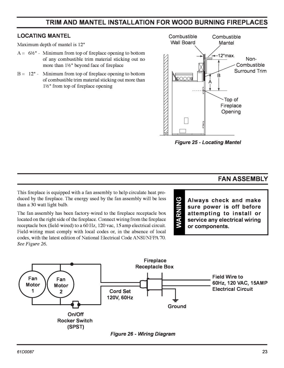 Monessen Hearth BWBC500MHB, BWBC400MHB manual Fan Assembly, Locating Mantel, See Figure, Wiring Diagram 