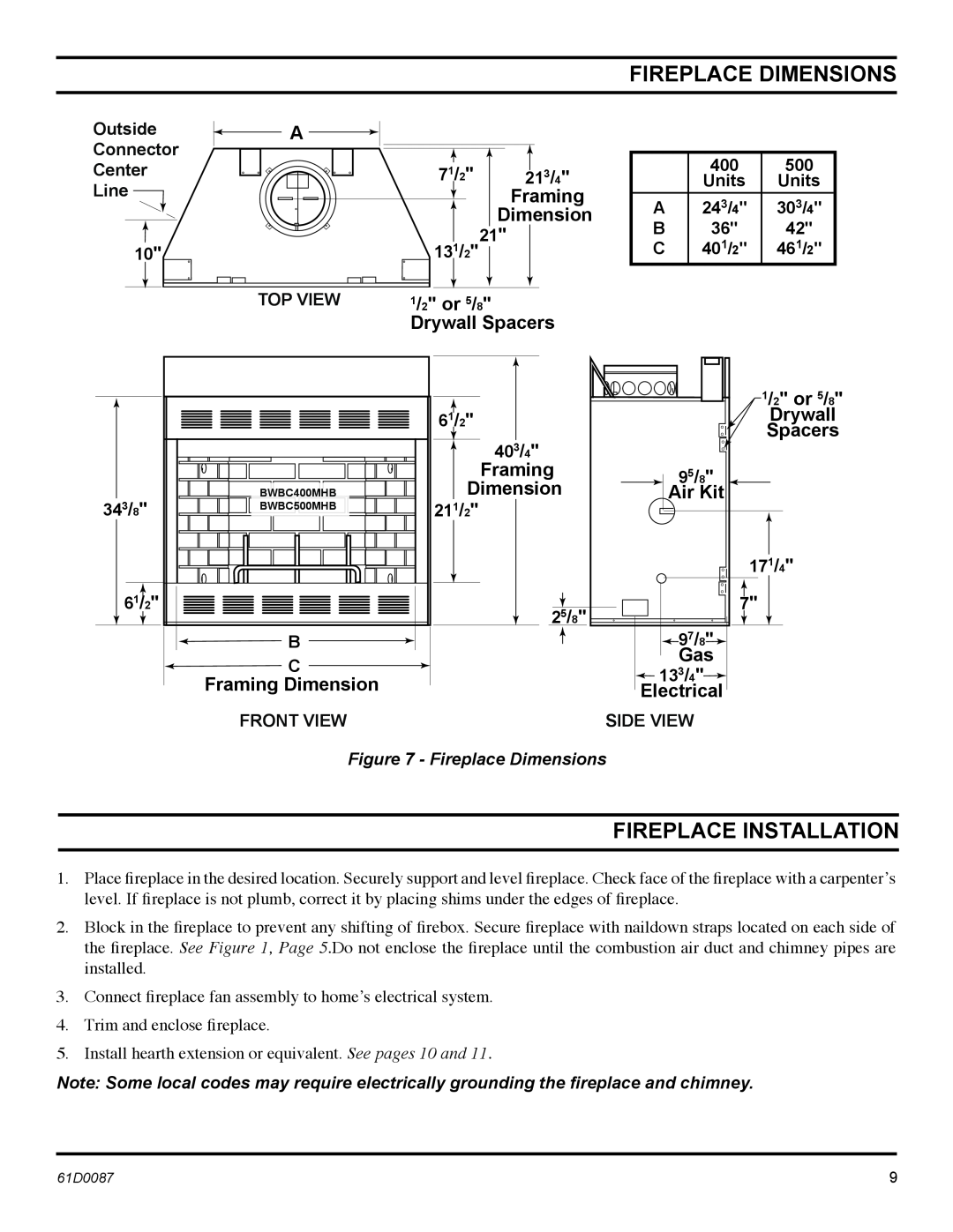 Monessen Hearth BWBC500MHB, BWBC400MHB manual Fireplace Dimensions, Fireplace Installation 