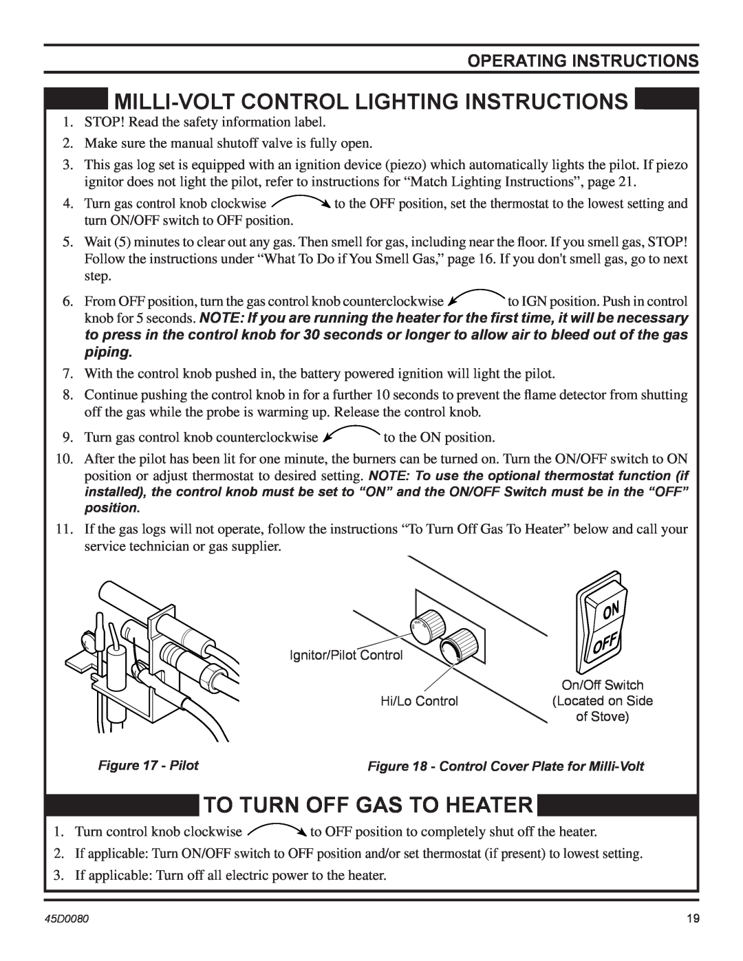 Monessen Hearth C2803VF manual Milli-Voltcontrol Lighting Instructions, To Turn Off Gas To Heater, Operating Instructions 