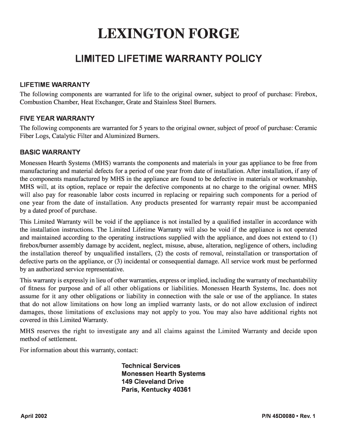 Monessen Hearth C2804VF, C2802VF Limited Lifetime Warranty Policy, Five Year Warranty, Basic Warranty, Lexington Forge 