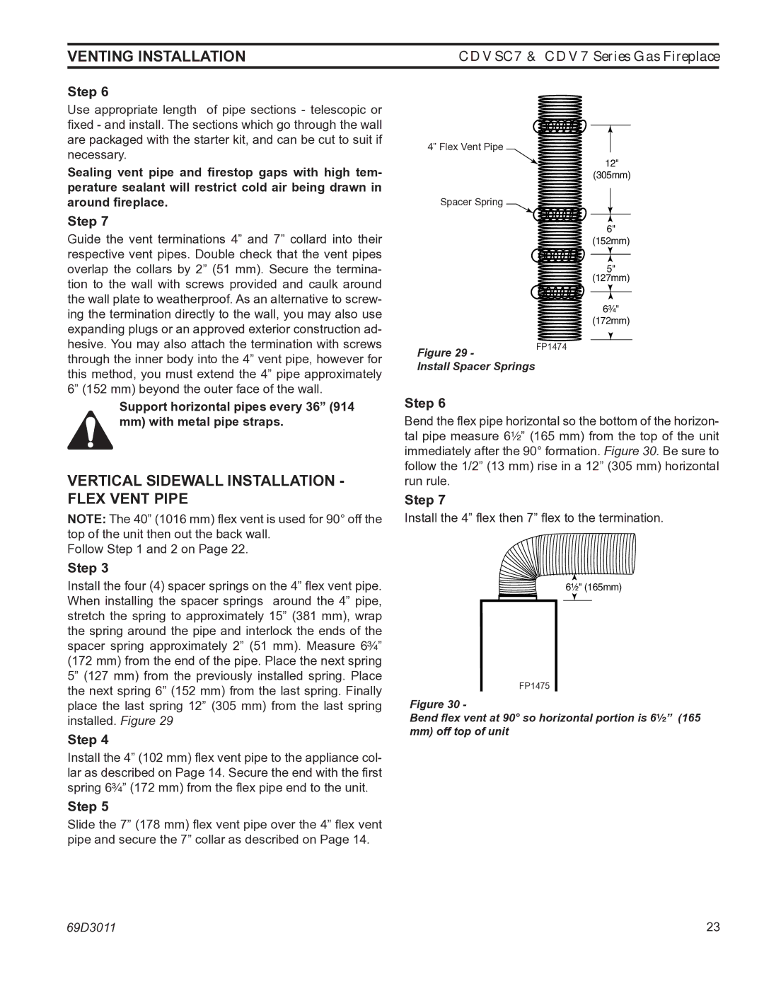 Monessen Hearth CDV7 manual Vertical Sidewall installation flex vent pipe 