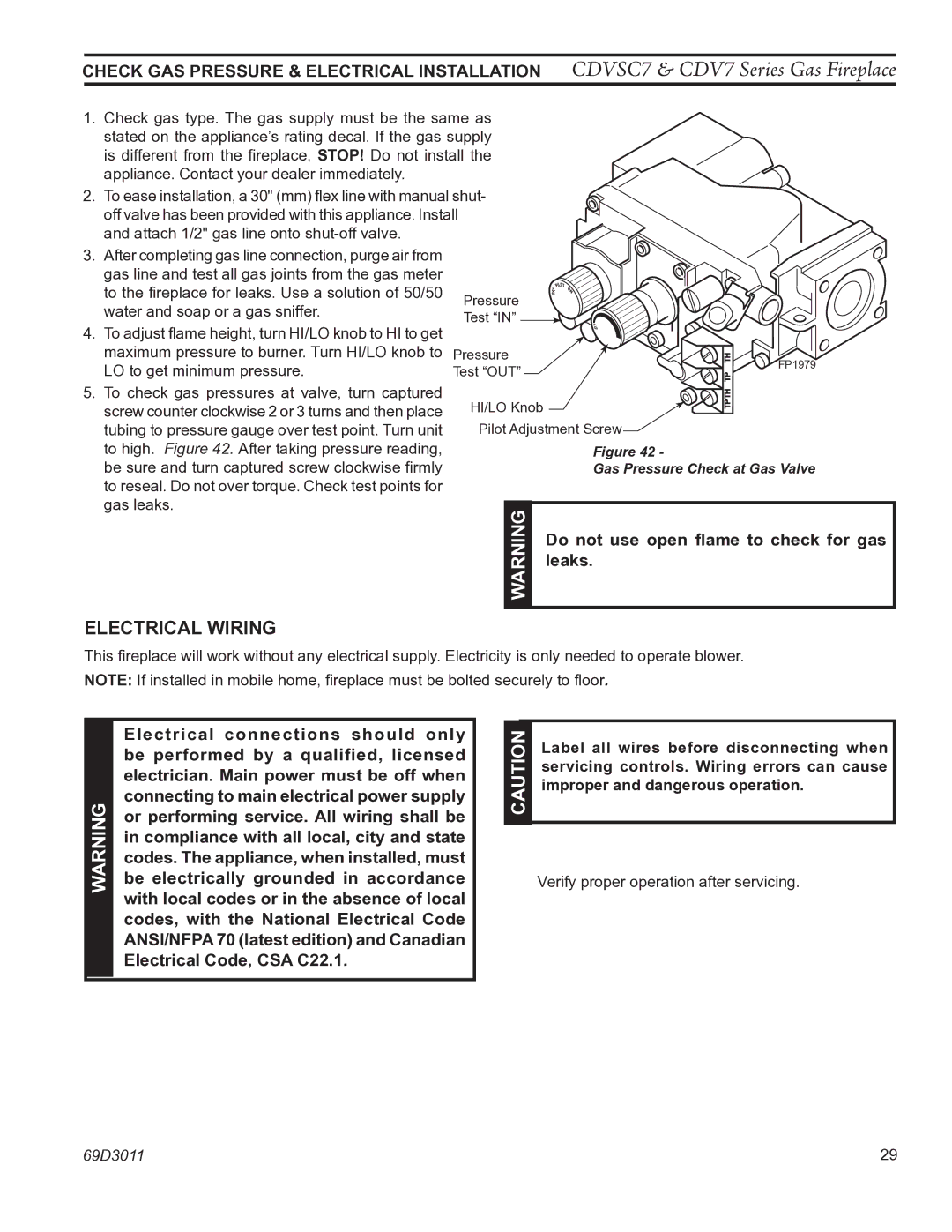 Monessen Hearth CDV7 manual Electrical Wiring, Do not use open flame to check for gas, Leaks 