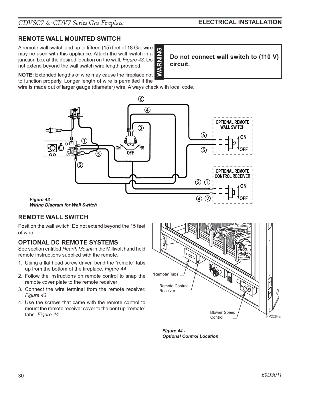 Monessen Hearth CDV7 manual Electrical installation, Remote Wall mounted Switch, Do not connect wall switch to 110, Circuit 