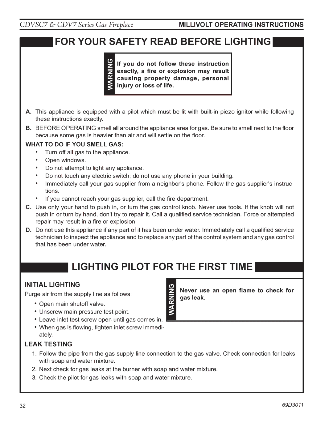 Monessen Hearth CDV7 manual Millivolt Operating Instructions, Initial lighting, Leak testing 