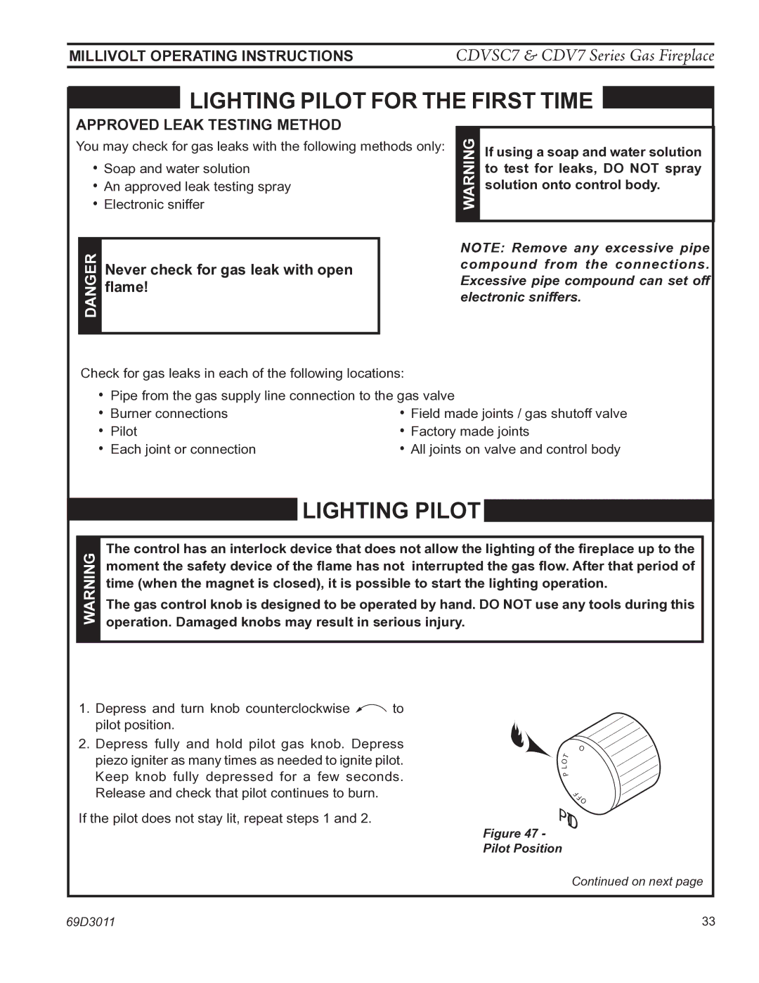 Monessen Hearth CDV7 manual Approved leak testing method, Never check for gas leak with open flame 