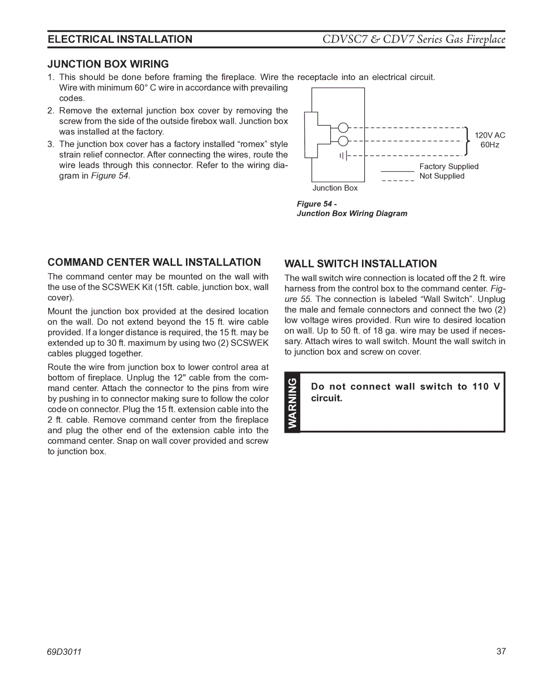 Monessen Hearth CDV7 manual Electrical Installation, Junction BOX Wiring, Command Center Wall Installation 