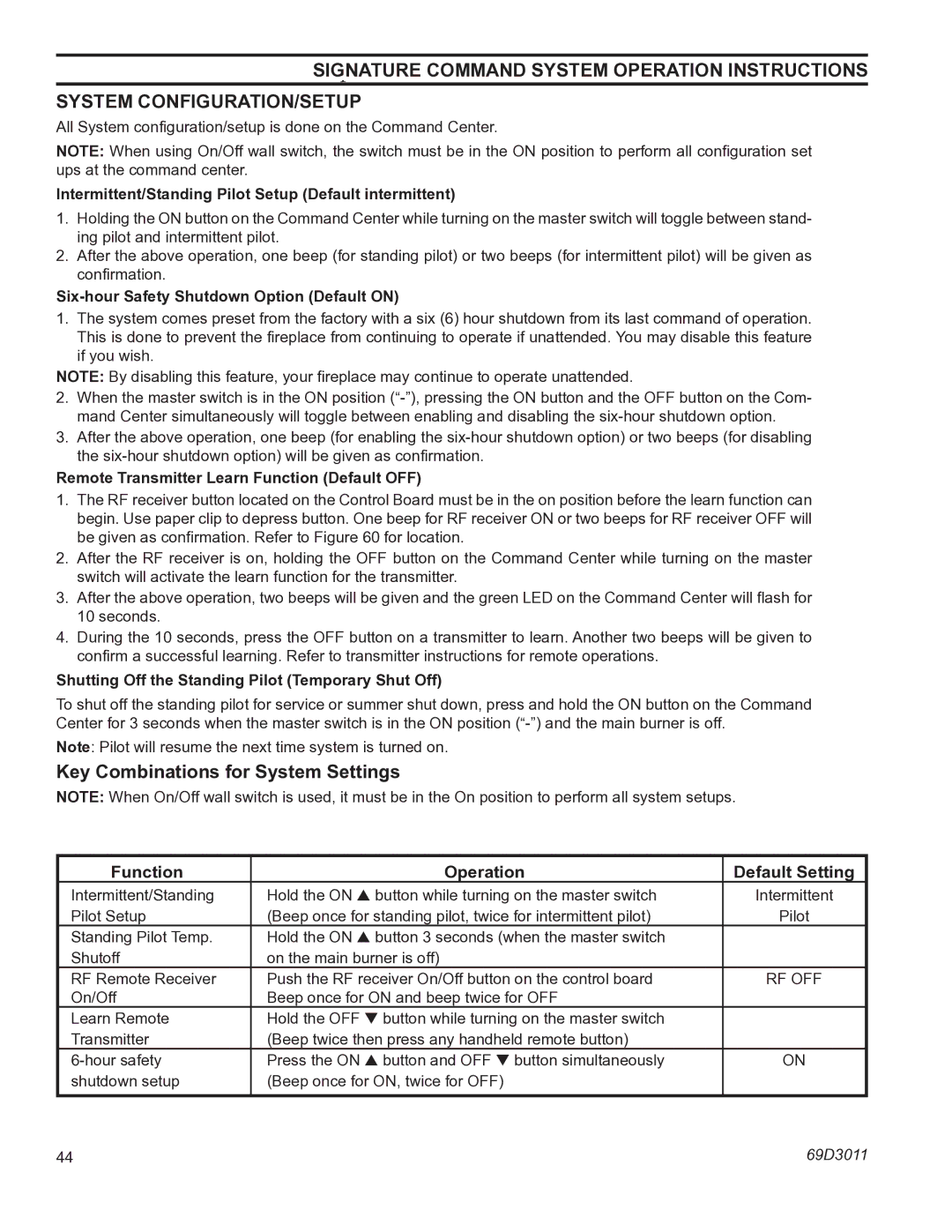 Monessen Hearth CDV7 System CONFIGURATION/SETUP, Key Combinations for System Settings, Function Operation Default Setting 