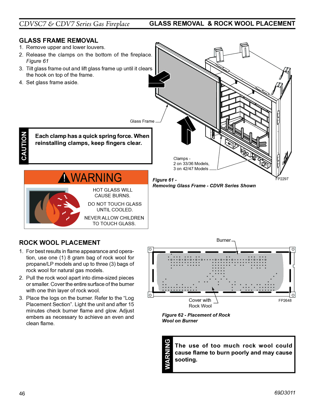 Monessen Hearth CDV7 manual Glass Frame Removal, Rock wool placement 