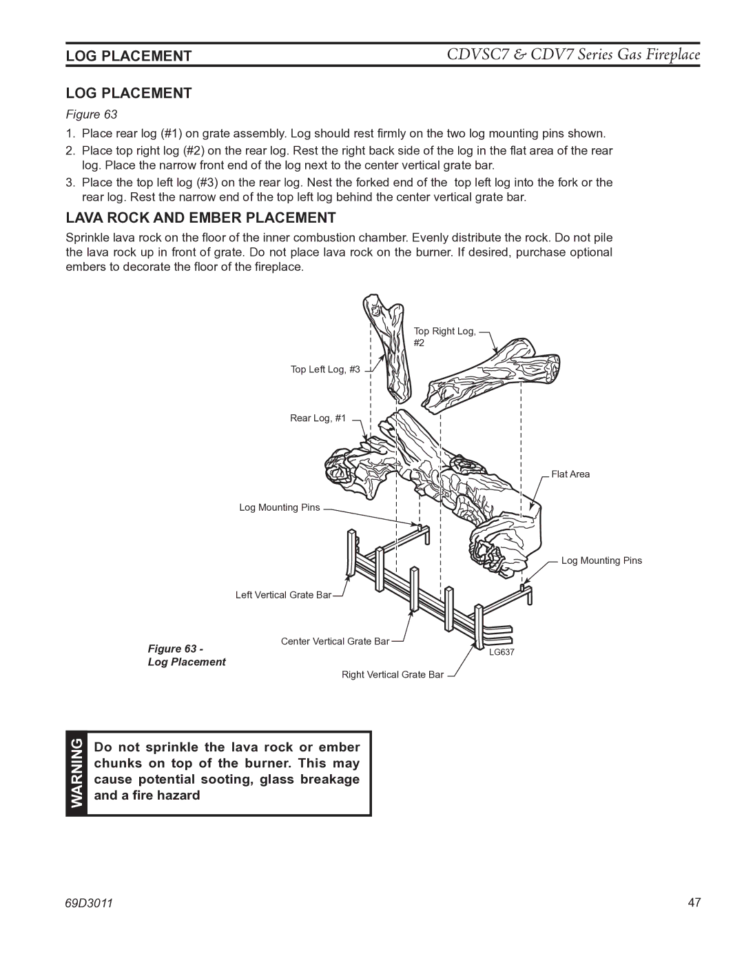 Monessen Hearth CDV7 manual Log placement, Lava rock and ember placement 