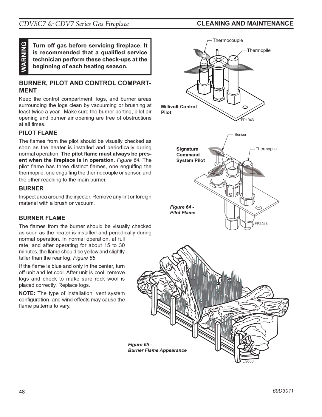 Monessen Hearth CDV7 manual Cleaning and maintenance, Burner, Pilot and Control Compart- ment 