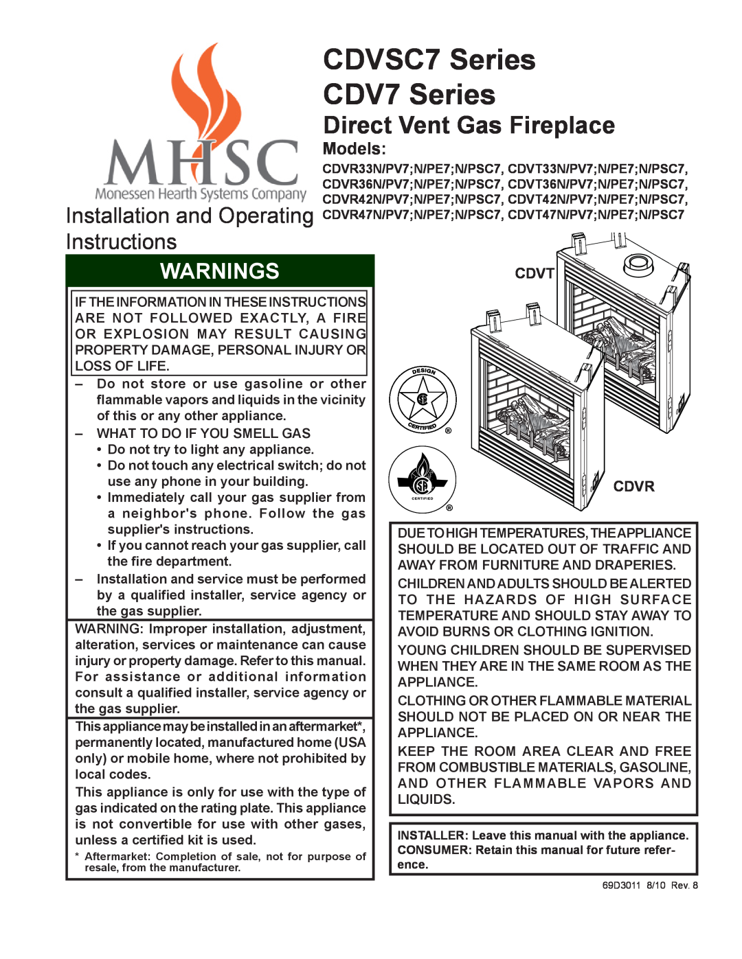 Monessen Hearth CDV7 manual Cdvt, Cdvr, What To Do If You Smell Gas, Do not try to light any appliance, Warnings, Models 