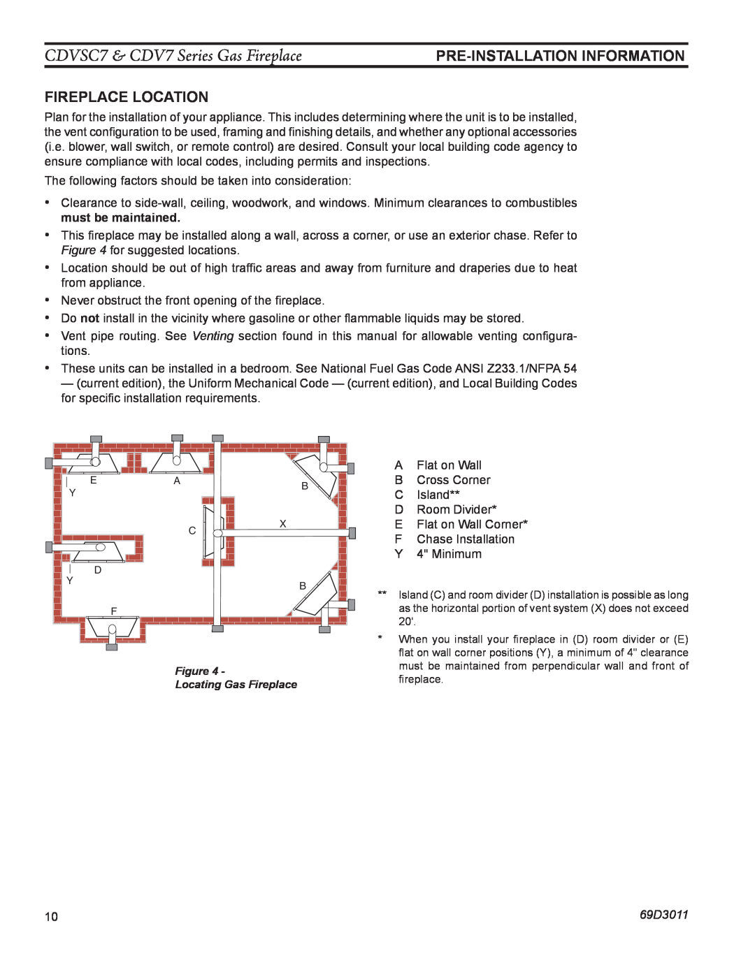 Monessen Hearth manual Fireplace Location, CDVSC7 & CDV7 Series Gas Fireplace, pRE-INSTALLATIONINFORMATION, 69D3011 