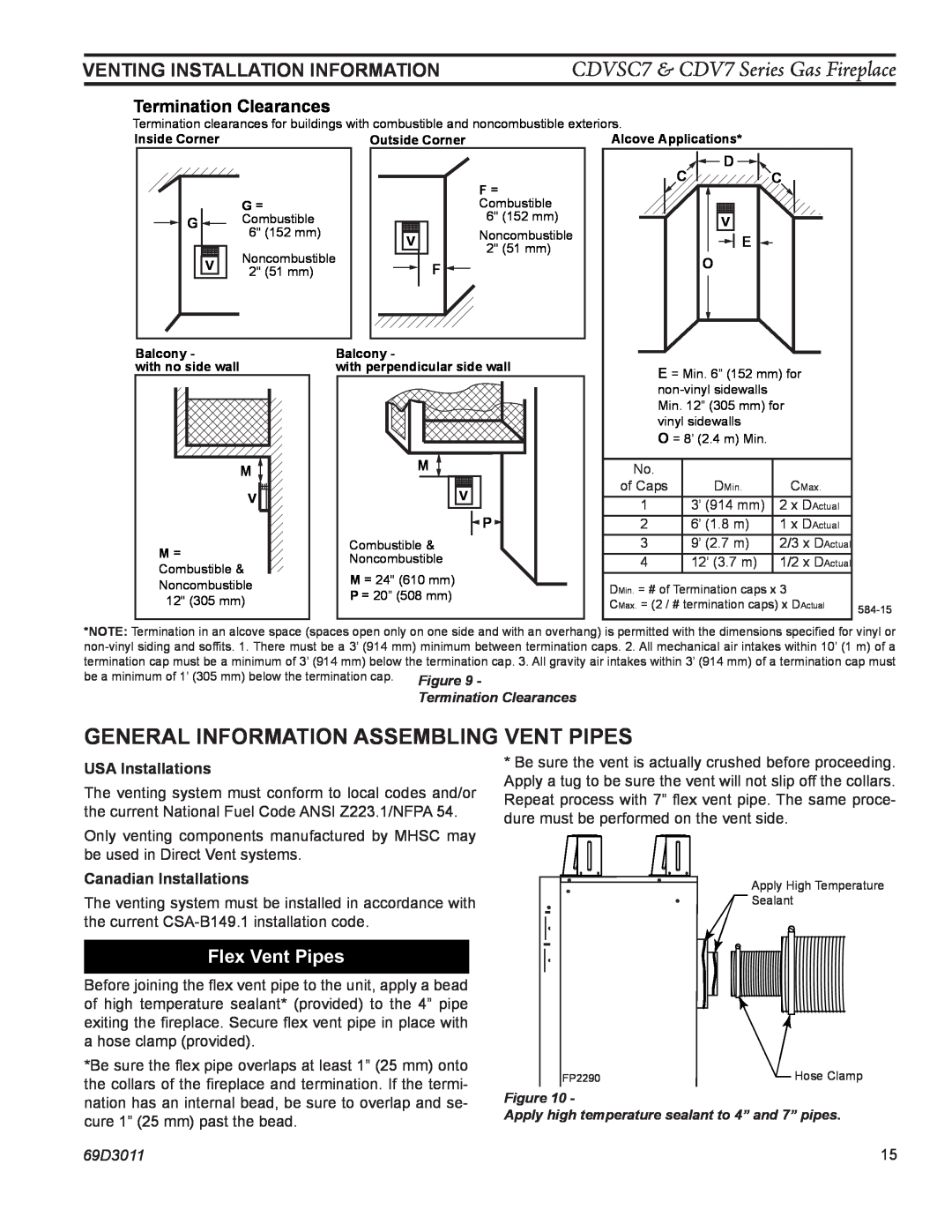 Monessen Hearth CDV7 Flex Vent Pipes, Termination Clearances, General Information Assembling Vent Pipes, D C C, 69D3011 