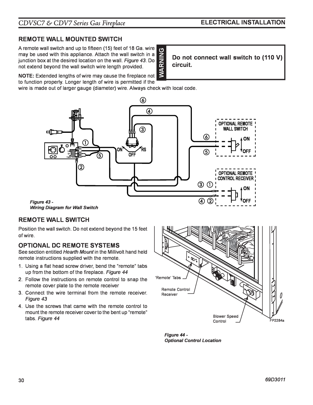 Monessen Hearth CDV7 Electrical installation, Remote Wall mounted Switch, Do not connect wall switch to, circuit, 69D3011 