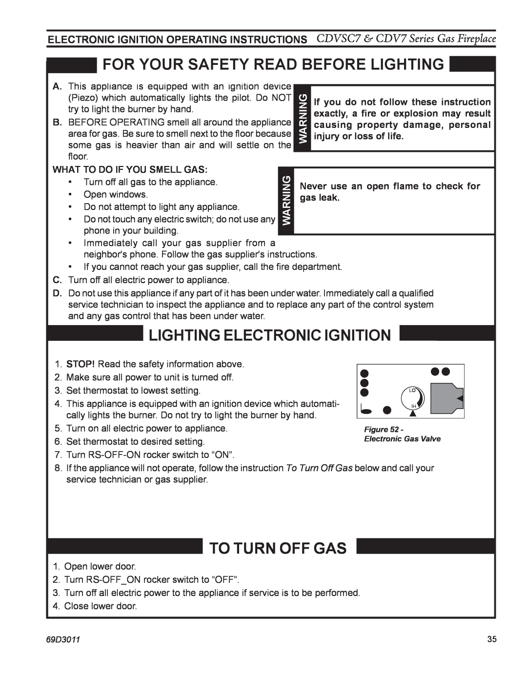 Monessen Hearth CDV7 manual Lighting electronic ignition, If you do not follow these instruction, injury or loss of life 