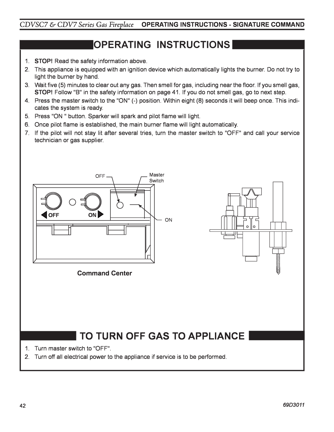 Monessen Hearth CDV7 manual OPERATing INSTRUCTIONS, To Turn Off Gas To Appliance, Command Center 