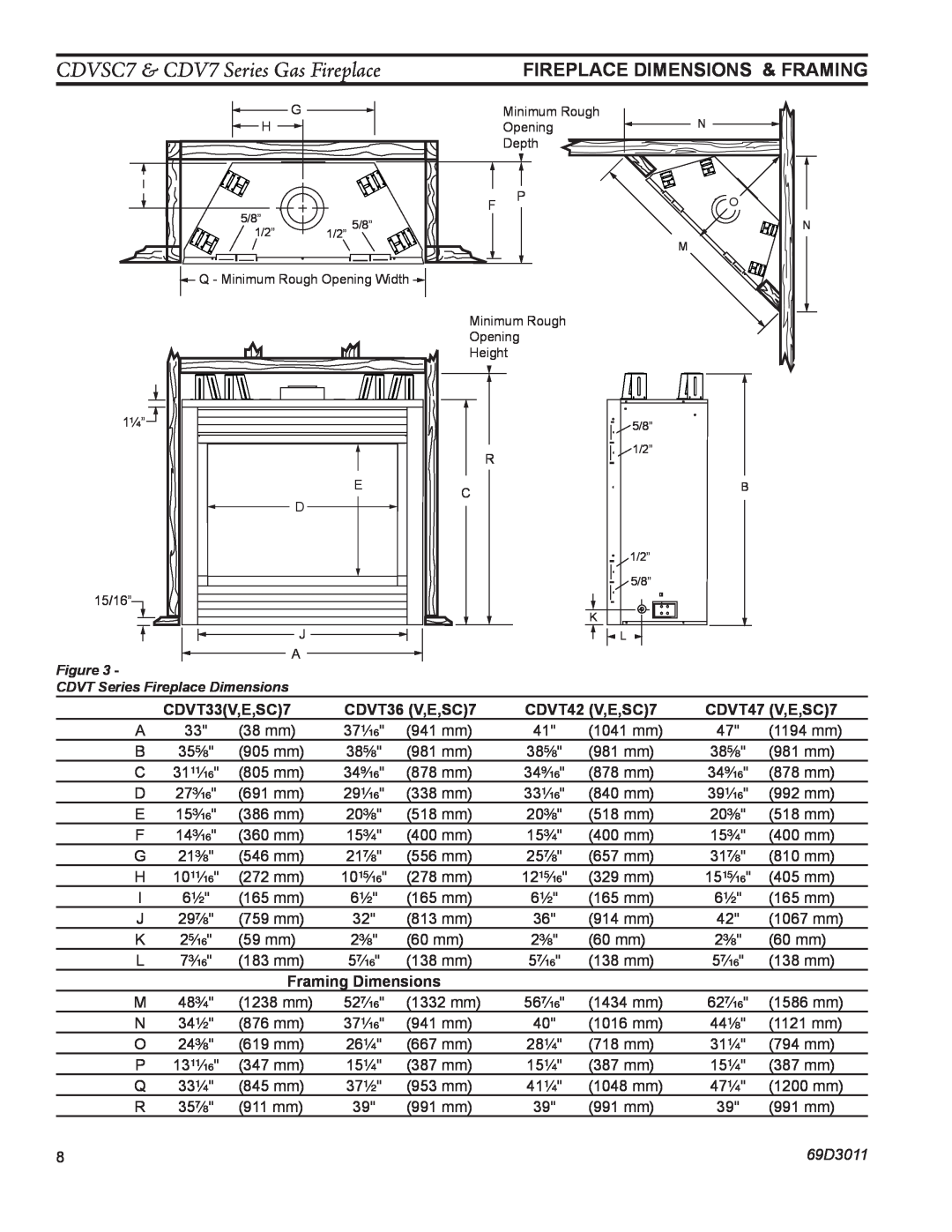 Monessen Hearth manual CDVSC7 & CDV7 Series Gas Fireplace, fireplace dimensions & FRAMING, CDVT33V,E,SC7, CDVT36 V,E,SC7 