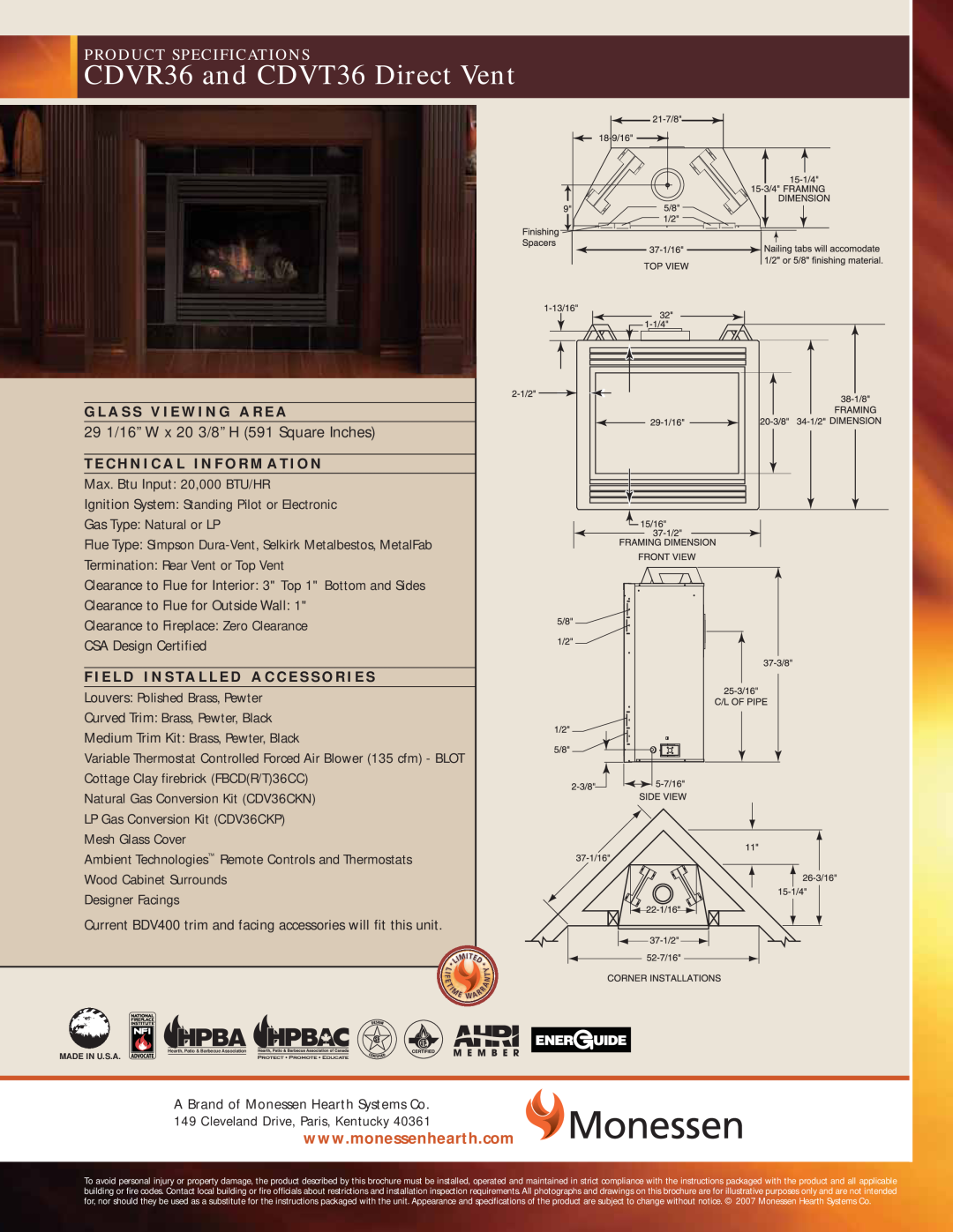 Monessen Hearth specifications CDVR36 and CDVT36 Direct Vent, Product Specifications 