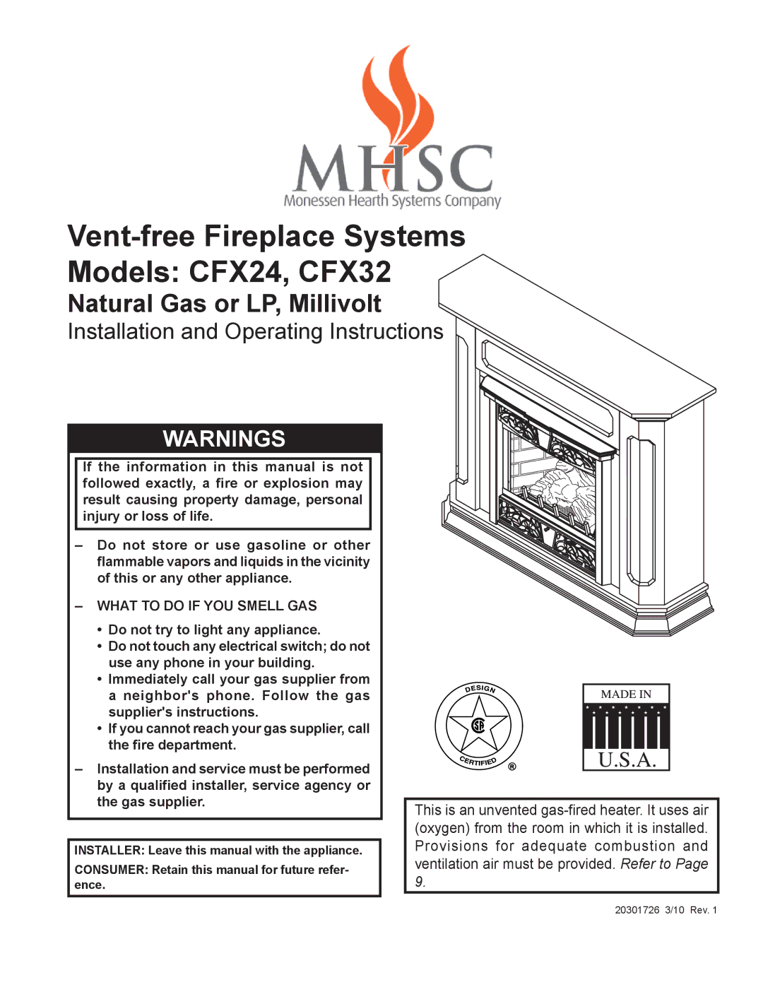 Monessen Hearth manual Vent-free Fireplace Systems Models CFX24, CFX32, What to do if YOU Smell GAS 