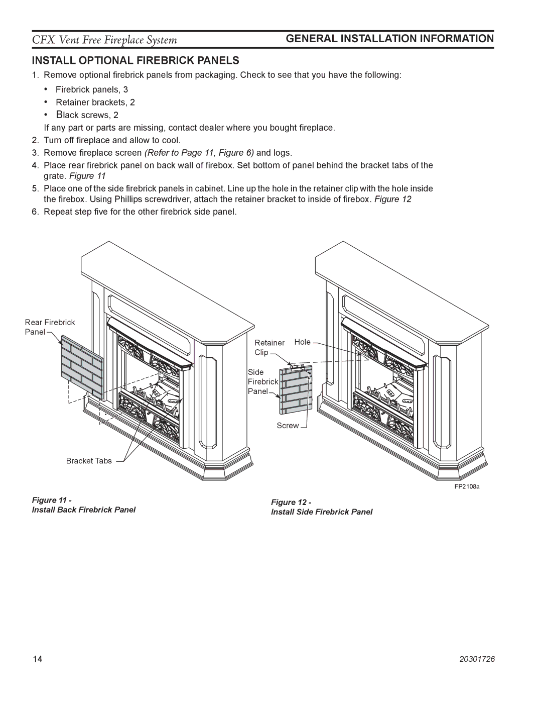 Monessen Hearth CFX24, CFX32 manual Install Optional Firebrick Panels, General Installation Information 